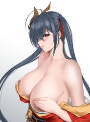  azur_lane black_hair breasts cleavage covering_nipples covering_privates female gradient_background grey_background hair_ornament haru_(hr_works) highres huge_breasts japanese_clothes kimono long_hair off_shoulder red_eyes red_kimono red_ribbon ribbon simple_background solo taihou_(azur_lane) upper_body very_long_hair wide_sleeves 