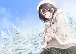  black_hair blue_eyes cape fuu_(fuore) hat original short_hair snow wink 