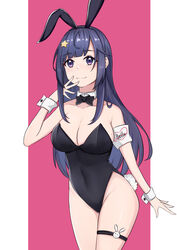  a-soul absurdres animal_ears armband bare_legs bare_shoulders bella_(a-soul) black_hair black_leotard blue_eyes bow bowtie breasts chris_yanshao cleavage cowboy_shot detached_collar female hair_ornament highres large_breasts leotard long_hair playboy_bunny rabbit_ears rabbit_tail solo standing star_(symbol) star_hair_ornament strapless strapless_leotard tail two-tone_background virtual_youtuber wrist_cuffs 