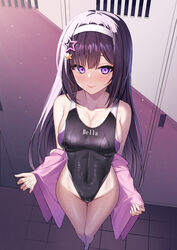  a-soul absurdres bella_(a-soul) black_hair black_one-piece_swimsuit breasts commission competition_swimsuit covered_navel female from_above hair_ornament hairband highleg highleg_swimsuit highres inui_kentarou large_breasts locker long_hair looking_at_viewer one-piece_swimsuit purple_eyes skeb_commission solo standing star_(symbol) star_hair_ornament swimsuit towel virtual_youtuber white_hairband 