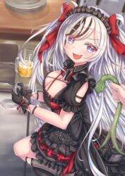  +_+ absurdres alcohol animal azur_lane beer beer_mug black_dress black_footwear black_gloves black_hair black_legwear breasts cleavage cross cup dress elbe_(azur_lane) elbe_(time_to_show_off?)_(azur_lane) female fishnet_socks fishnets frilled_dress frills gloves hair_ribbon high_heels highres holding holding_animal indoors iron_cross large_breasts layered_dress looking_at_viewer mug multicolored_hair oerba_yun_fang official_alternate_costume puffy_short_sleeves puffy_sleeves purple_eyes red_ribbon ribbon short_sleeves skin_fang snake socks stiletto_heels streaked_hair two-tone_hair white_hair zusshii_(libertasgenesis) 