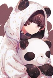  1boy absurdres animal_ears animal_hood brown_eyes brown_hair fake_animal_ears highres hood hood_up hoodie hugging_object long_sleeves looking_at_viewer male_focus original pale_skin panda panda_boy solo stuffed_animal stuffed_toy teddy_bear tsubaki_tsubaru 