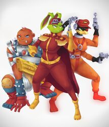  anatid anseriform anthro armor avian baboon bad_trigger_discipline bird blue_eyes boots bracers bruiser_(bucky_o&#039;hare) bucky_o&#039;hare bucky_o&#039;hare_(series) clothing deadeye_duck duck electronics epaulet eye_patch eyewear eyewear_on_head facial_piercing female footwear gloves goggles goggles_on_head green_eyes group gun handgun handwear haplorhine hare headgear headphones headset headwear hi_res holding_gun holding_handgun holding_object holding_pistol holding_ranged_weapon holding_weapon jakinsstudio jumpsuit lagomorph leporid mammal monkey mtf_crossgender nose_piercing old_world_monkey piercing pistol primate ranged_weapon rule_63 tight_clothing trio weapon 