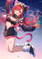  ;3 ;d animal_hood asymmetrical_bangs bandaid bandaid_on_knee bandaid_on_leg belt bikini bikini_top_only black_belt black_collar black_jacket black_nails breasts cat_girl cat_tail cleavage collar female goggles goggles_on_head goggles_on_headwear grey_bikini highres hood hood_up hooded_jacket jacket jumping large_breasts long_hair long_sleeves looking_at_viewer loose_socks navel nekota_tsuna nekota_tsuna_(1st_costume) oerba_yun_fang one_eye_closed orange_eyes paint_splatter red_hair ribbed_legwear smile socks solo swimsuit tail toki_(toki_ship8) twilight unzipped very_long_hair virtual_youtuber vspo! zipper zipper_pull_tab 