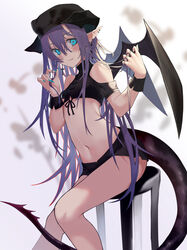  absurdres aqua_nails bare_shoulders black_headwear blue_eyes blurry blurry_background blush chair cross cross_earrings demon_girl earrings fingernails hair_between_eyes hat highres horns jewelry kesuno long_hair navel original outline parted_lips pointy_ears purple_hair red_outline sitting smile tail turtleneck wings 