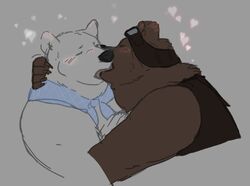  2023 anthro bear black_nose blush brown_body closed_eyes duo ear_blush eyewear grizzly_(shirokuma_cafe) heart_symbol hug intimate kissing male male/male mamenoko mammal polar_bear shirokuma shirokuma_cafe simple_background ursine white_body 