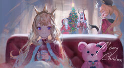  4girls absurdres betabeet black_gloves blonde_hair blue_eyes blush breasts brown_gloves cagliostro_(granblue_fantasy) cape christmas christmas_star christmas_tree clarisse_(granblue_fantasy) cleavage closed_eyes closed_mouth commentary crown cup dress english_commentary facing_viewer fake_beard fake_facial_hair gloves granblue_fantasy grey_hair hands_on_own_hips hands_up hat highres holding holding_cup long_hair long_sleeves looking_ahead looking_at_another merry_christmas mireille_(granblue_fantasy) multiple_girls own_hands_together pointing pointing_at_another ponytail purple_hair red_cape red_dress red_headwear red_sweater risette_(granblue_fantasy) santa_hat sidelocks small_breasts smile stuffed_animal stuffed_toy sweater teddy_bear upper_body very_long_hair 