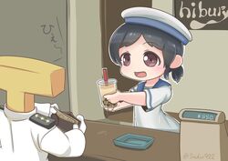  1boy admiral_(kancolle) banknote black_hair blue_sailor_collar brown_eyes bubble_tea cash_register commentary_request cup disposable_cup dress drinking_straw female hat hiburi_(kancolle) highres kantai_collection low_ponytail money one-hour_drawing_challenge sailor_collar sailor_dress sailor_hat sakusan_(ss-awesome) short_hair short_sleeves t-head_admiral twitter_username upper_body wallet white_dress white_headwear 