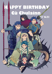  6+boys ;d arm_on_another&#039;s_head armor asymmetrical_clothes black_gloves blue_bodysuit blue_hair bodysuit braid character_name chest_tattoo chibi closed_eyes cu_chulainn_(caster)_(fate) cu_chulainn_(fate) cu_chulainn_(fate/prototype) cu_chulainn_(fate/stay_night) cu_chulainn_alter_(fate) dated earrings facial_mark fangs fate/grand_order fate/grand_order_arcade fate/prototype fate/stay_night fate_(series) frown gae_bolg_(fate) gloves grin hair_over_shoulder hand_on_own_hip happy_birthday holding holding_polearm holding_weapon hood jewelry leaning_forward long_hair looking_at_viewer makina_(nikki_m7_) male_focus md5_mismatch mini_cu-chan_(fate) mitsudomoe_(shape) monster_boy multiple_boys one_eye_closed open_mouth parted_bangs polearm ponytail purple_background red_eyes resolution_mismatch sandals setanta_(fate) simple_background single_braid smile source_larger spear spiked_tail tail tattoo thigh_gap toeless_legwear tomoe_(symbol) weapon 