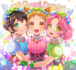  3girls :d ;) aikatsu!_(series) aikatsu_on_parade! arisugawa_otome black_hair blue_dress blush braid brown_eyes brown_hair candy_wrapper closed_mouth commentary_request cone_hair_bun crown_braid dress earrings girl_sandwich green_dress green_eyes hair_bun jewelry kamiya_shion kitaoji_sakura matsurika_youko multiple_girls one_eye_closed open_mouth parted_bangs pink_dress pink_hair puffy_short_sleeves puffy_sleeves sandwiched short_hair short_sleeves smile sparkle star_(symbol) star_earrings striped_clothes striped_dress teeth upper_body upper_teeth_only vertical-striped_clothes vertical-striped_dress 