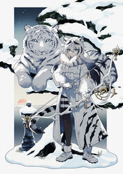  animal animal_ears animal_print arrow_(projectile) black_hair blue_eyes boots bow_(weapon) chinese_zodiac closed_mouth coat expressionless female highres holding holding_bow_(weapon) holding_weapon long_coat looking_at_viewer medium_hair multicolored_hair negiyan nengajou new_year original snow snow_on_tree sun sunset tail tiger tiger_ears tiger_girl tiger_print tiger_tail water weapon white_coat white_hair white_theme year_of_the_tiger 