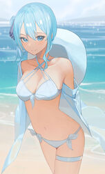  absurdres alternate_breast_size arms_behind_back bare_shoulders beach bikini blue_eyes blue_hair breasts cleavage closed_mouth criss-cross_halter day female front-tie_bikini_top front-tie_top hair_ribbon halterneck hat highres hololive hoshimachi_suisei light_blue_hair looking_at_viewer medium_breasts medium_hair navel off_shoulder open_clothes open_shirt outdoors raeis ribbon shirt side-tie_bikini_bottom side_ponytail sidelocks sky smile solo stomach sun_hat swimsuit thigh_strap thighs unworn_hat unworn_headwear virtual_youtuber wavy_hair white_bikini 