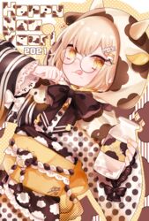  2021 absurdres animal_ears animal_hood animal_print blonde_hair bovine cow_ears cow_girl cow_horns cow_print fake_animal_ears female glasses highres hood horns looking_at_viewer nengajou new_year orange_eyes original pale_skin solo tongue tongue_out tsubaki_tsubaru 