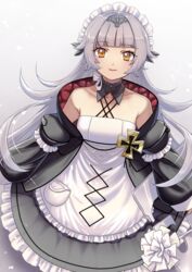  azur_lane bare_shoulders black_collar black_dress black_jacket breasts collar cross detached_collar dress female frilled_dress frills from_above grey_background grey_hair hair_ornament hairpin highres iron_cross jacket layered_dress long_hair looking_at_viewer looking_up maid maid_headdress official_alternate_costume radobit425 simple_background sleeveless sleeveless_dress small_breasts solo very_long_hair white_dress yellow_eyes z46_(azur_lane) z46_(chronicles_of_the_dust_wars)_(azur_lane) 