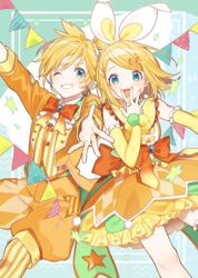  :o arm_up blonde_hair blue_eyes booota brother_and_sister commentary detached_sleeves feet_out_of_frame frilled_sleeves frills grin hair_ornament hairclip hand_to_own_mouth headphones highres jacket kagamine_len kagamine_rin long_sleeves nail_polish one_eye_closed open_clothes open_jacket open_mouth orange_jacket orange_shorts orange_skirt outstretched_arms pantyhose pennant project_sekai puffy_shorts shirt shorts siblings skirt smile star_(symbol) star_hair_ornament string_of_flags striped_clothes striped_pantyhose striped_vest teeth twins upper_teeth_only vertical-striped_clothes vertical-striped_vest vest vocaloid white_legwear white_shirt wonderlands_x_showtime_(project_sekai) wonderlands_x_showtime_len wonderlands_x_showtime_rin yellow_nails yellow_sleeves 