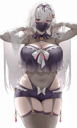  breasts camisole camisole_over_clothes cleavage cleavage_cutout clothing_cutout copyright_request covered_navel female garter_straps grey_thighhighs hair_between_eyes hair_ornament hair_ribbon haoni highres large_breasts leotard long_hair looking_at_viewer mask mouth_mask purple_ribbon red_eyes ribbon see-through see-through_leotard short_shorts shorts shrug_(clothing) simple_background solo thighhighs white_background white_hair 