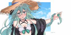  aqua_eyes aqua_nails bikini black_ribbon braid breasts choker cleavage commentary female floral_print green_hair hair_between_eyes hair_ornament hair_ribbon hairclip hat holding holding_own_hair kantai_collection long_hair medium_breasts nail_polish official_alternate_costume ribbon sailor_bikini sailor_collar side_braids simple_background solo straw_hat sugue_tettou swimsuit twitter_username upper_body very_long_hair white_choker yamakaze_(kancolle) yamakaze_kai_ni_(kancolle) yamakaze_kai_ni_(swimsuit_mode)_(kancolle) 