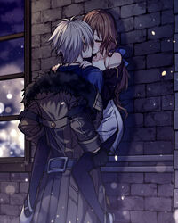  1boy against_wall black_legwear black_shirt blurry blush bokeh bow bra bra_strap brown_coat brown_hair carrying coat commentary couple cowboy_shot crow_armbrust depth_of_field earrings eiyuu_densetsu english_commentary female fur-trimmed_coat fur_trim green_eyes grey_hair hairbow half-closed_eyes hands_on_another&#039;s_shoulders highres imminent_kiss jewelry light_particles long_hair miniskirt off_shoulder outdoors pantyhose ponytail sen_no_kiseki shirt short_hair skirt soap_(user_kghh4755) straight strap_slip towa_herschel underwear white_bra white_skirt window 