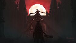  1other artist_name bloodborne capelet coat copyright_name eldritch_abomination facing_another feet_out_of_frame from_behind full_moon gun handgun hat highres holding holding_gun holding_weapon hunter_(bloodborne) long_coat long_sleeves monster moon outdoors pillar red_sky saw saw_cleaver skeleton sky spire standing the_one_reborn tower tricorne tripdancer weapon 