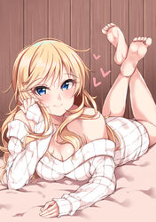  bare_shoulders blonde_hair blue_eyes blush breasts cleavage commentary feet female heart idolmaster idolmaster_cinderella_girls jiino large_breasts long_hair looking_at_viewer lying off-shoulder_sweater off_shoulder ohtsuki_yui on_stomach ribbed_sweater smile soles solo sweater the_pose toes wavy_hair white_sweater 