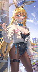  absurdres animal_ears black_pantyhose blonde_hair blue_eyes breasts cigarette cropped_jacket ear_piercing fake_animal_ears female hair_ornament hairclip highleg highleg_leotard highres holding holding_cigarette jyuma leotard long_hair looking_at_viewer mask mask_pull medium_breasts mouth_mask original pantyhose partially_unzipped piercing playboy_bunny rabbit_ears smoking solo thigh_strap 