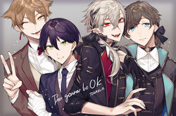  4boys bandaged_arm bandages black_gloves black_hair black_jacket black_nails black_necktie black_ribbon blue_eyes brown_hair brown_vest choker closed_mouth collar collared_jacket collared_shirt commentary_request cross_tie ear_piercing earrings english_text fangs fushimi_gaku gloves gradient_background green_eyes grey_background hair_ribbon hand_on_another&#039;s_shoulder high_collar jacket jewelry kanae_(nijisanji) kenmochi_touya kotobuki_(medetai) kuzuha_(nijisanji) long_hair long_sleeves looking_at_viewer low_ponytail male_focus mole mole_under_eye multiple_boys neck_ribbon necktie nijisanji one_eye_closed open_clothes open_jacket open_mouth piercing pointy_ears red_eyes red_ribbon ribbon ring shirt simple_background smile upper_body v vampire vest virtual_youtuber white_shirt yellow_eyes 