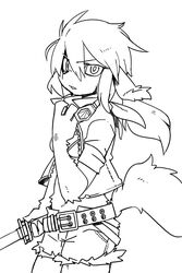  2021 2:3 anthro bangs biped black_and_white black_nose bottomwear bra canid canine clothed clothing digital_media_(artwork) ear_tuft eyewear female female_anthro front_view glasses hair hi_res holding_melee_weapon holding_object holding_sword holding_weapon kemono looking_at_viewer mammal melee_weapon monochrome narrowed_eyes pizademokttero portrait shorts simple_background solo standing sword tail tail_tuft three-quarter_portrait three-quarter_view topwear tuft underwear unknown_species weapon white_background 