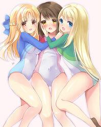  3girls ass asymmetrical_docking athletic_leotard ballet_slippers blonde_hair blue_eyes blue_leotard blush braid breast_press breasts brown_eyes brown_hair chloe_lemaire commentary_request commission covered_navel girl_sandwich girlfriend_(kari) green_leotard gymnastics hand_on_another&#039;s_cheek hand_on_another&#039;s_face hand_on_another&#039;s_shoulder hug leotard long_hair miyamori_raira multiple_girls open_mouth pixiv_commission red_leotard rhythmic_gymnastics ribbon sandwiched sasahara_nonoka shiina_kokomi short_hair smile thighs two-tone_leotard white_leotard yuri 