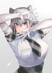  absurdres animal_ears arms_up biting biting_own_hand blue_eyes breasts commentary_request elbow_gloves extra_ears eyes_visible_through_hair female furrowed_brow gloves grey_hair hair_between_eyes highres kemono_friends large_breasts looking_at_viewer medium_hair multicolored_hair necktie outstretched_hand plaid plaid_necktie plaid_sleeves plaid_trim pose saitobaburu shirt short_sleeves sidelocks solo spread_fingers tiger_ears two-tone_hair upper_body white_tiger_(kemono_friends) 