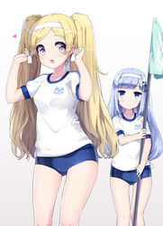  2girls arms_up ass_visible_through_thighs blonde_hair blue_buruma blue_eyes blunt_bangs buruma emily_stewart flag grey_hair gym_uniform hair_ornament headband highres idolmaster idolmaster_million_live! idolmaster_million_live!_theater_days ktsecond long_hair multiple_girls open_mouth pink_eyes shiraishi_tsumugi shirt short_sleeves simple_background smile thigh_gap thighs twintails tying_headband very_long_hair white_background white_shirt 