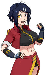  :d abs black_gloves black_hair black_shirt black_shorts breasts clenched_hand commentary crop_top cropped_jacket female fingerless_gloves gloves hair_ornament hairclip hand_on_own_hip hand_up highres jacket large_breasts looking_at_viewer navel open_clothes open_jacket original red_eyes red_jacket red_skirt shirt short_hair short_shorts shorts shorts_under_skirt simple_background skirt smile solo spottylen swept_bangs v-shaped_eyebrows white_background yellow_eyes 