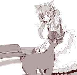  animal animal_ears bench blush commentary_request deer deer_ears eli_conifer eli_conifer_(1st_costume) female flying_sweatdrops greyscale hair_ribbon long_hair long_sleeves low_twintails maid monochrome nijisanji open_mouth puffy_long_sleeves puffy_sleeves ribbon shirt skirt solo takara_akihito twintails virtual_youtuber white_background 