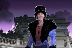  1boy building cloud cloudy_sky coat collar commentary_request disneyland facial_hair feathers fur_collar fur_cuffs hat hotel male_focus mattya1582 moustache mr._v night oil_lamp purple_sky recruiters_(disney) red_vest sky striped striped_coat top_hat tuxedo vest 