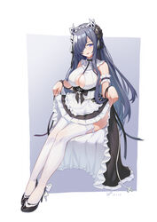  absurdres apron august_von_parseval_(azur_lane) august_von_parseval_(the_conquered_unhulde)_(azur_lane) azur_lane black_dress black_footwear breasts center_opening curled_horns dress female full_body high_heels highres horns lace-trimmed_legwear lace_trim large_breasts long_dress long_hair maid mechanical_horns official_alternate_costume one_eye_covered ping_zhong_yu purple_background purple_eyes purple_hair simple_background sitting sleeveless sleeveless_dress solo thighhighs two-tone_background two-tone_dress very_long_hair white_apron white_background white_dress white_thighhighs 