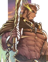  1boy abs bara bare_pectorals brown_cape brown_hair cape chains chest_harness club_(weapon) facial_hair flaming_eye goatee harness heracles_(housamo) highres large_pectorals long_sideburns male_focus muscular muscular_male nipples pectoral_squeeze pectorals short_hair sideburns simple_background skindentation solo tokyo_afterschool_summoners toshun_(momotoshi) two-tone_cape underpec weapon 