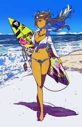  absurdres apapico bikini bikini_under_clothes blue_eyes breasts cleavage dark-skinned_female dark_skin day earrings female highres holding holding_surfboard jewelry long_hair medium_breasts necklace ocean original outdoors photoshop_(medium) profile shadow solo standing surfboard surfboard_leash swimsuit water 