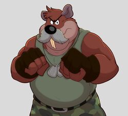  2023 absurd_res anthro belly black_nose bottomwear brok_the_investigator clothing cowcat_games cricetid hi_res humanoid_hands male mammal mature_male mezasalvador muskrat overweight overweight_male pants rodent shirt simple_background solo text topwear tramp_(brok_the_investigator) translated 