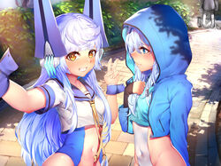  2girls bad_id bad_pixiv_id blonde_hair blue_eyes blue_hoodie blush breasts collarbone commentary_request covered_navel hair_ornament highres hood hoodie le_fantasque_(warship_girls_r) le_terrible_(warship_girls_r) long_hair looking_at_another looking_at_viewer multiple_girls navel outdoors ray_(pixiv9514208) small_breasts warship_girls_r 