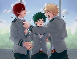  3boys alpha_signature angry bakugou_katsuki belt black_pants blonde_hair blue_eyes boku_no_hero_academia brown_belt brown_jacket burn_scar collared_shirt commentary cowboy_shot english_commentary freckles green_eyes green_hair grey_eyes grey_jacket jacket long_sleeves looking_at_another male_focus midoriya_izuku multicolored_hair multiple_boys necktie open_mouth outdoors pants red_hair rin_(rinriemie) scar scar_on_face school_uniform sharp_teeth shirt short_hair teeth todoroki_shouto twitter_username two-tone_hair u.a._school_uniform white_hair white_shirt window 