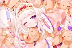  aurora_sya_lis_kaymin female highres long_hair maou-jou_de_oyasumi one_eye_closed pale_skin purple_eyes sleep_mask sleepy solo stuffed_animal stuffed_toy tearing_up teddy_bear tsubaki_tsubaru under_covers waking_up white_hair 