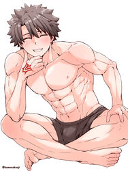  1boy abs black_hair black_male_underwear blush boxer_briefs closed_eyes command_spell fate/grand_order fate_(series) fujimaru_ritsuka_(male) highres indian_style kamenakake male_focus male_underwear muscular muscular_male navel nipples pectorals short_hair simple_background sitting smile solo teeth topless_male twitter_username underwear white_background 