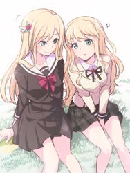  2girls :o ? aqua_eyes arms_behind_back beige_jacket between_legs black_ribbon black_skirt blonde_hair bow bowtie breasts brown_dress buttons character_name closed_mouth collared_shirt commentary cropped_jacket dress envelope feet_out_of_frame flower flying_sweatdrops grass hair_flower hair_ornament hand_between_legs happy_birthday holding holding_envelope jacket long_hair long_sleeves looking_at_another looking_away medium_breasts miniskirt morugen multiple_girls neck_ribbon on_ground parted_lips plaid plaid_skirt pleated_dress pleated_skirt red_bow red_bowtie red_flower ribbon rinmeikan_girls_school_uniform sailor_collar school_uniform serafuku shirt shoujo_kageki_revue_starlight shoujo_kageki_revue_starlight_-re_live- siblings side-by-side sidelocks sisters sitting skirt smile wavy_hair white_background white_sailor_collar white_shirt yumeoji_fumi yumeoji_shiori 