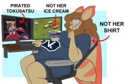  2026 anthro arthropod ben_&amp;_jerry's brown_hair chair clothing computer_keyboard computer_monitor dessert digital_drawing_(artwork) digital_media_(artwork) directional_arrow eating_ice_cream english_description english_text eyewear female food furniture gaming glasses grey_clothing grey_shirt grey_t-shirt grey_topwear hair hi_res ice_cream insects kamen_rider kaylie_(zenzzohyr) kuuga_(kamen_rider) lepidopteran long_hair markings moth nanotrasen navel navel_outline office_chair on_chair orange_body orange_markings outie_navel oversized_clothing oversized_shirt oversized_topwear pregnant pregnant_anthro pregnant_female rectangular_glasses red_eyes shirt sitting sitting_on_chair solo space_station_13 t-shirt tan_body text topwear wearing_glasses zenzzohyr 