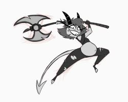  2026 anthro axe belly bottomwear clothing convexpert evil_grin female hair hellaverse helluva_boss hi_res holding_axe holding_object holding_weapon horn imp looking_at_viewer millie_(helluva_boss) navel pants pregnant pregnant_anthro pregnant_female shirt smile smiling_at_viewer solo spade_tail tail teeth topwear torn_bottomwear torn_clothing torn_pants weapon 
