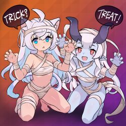  2girls ahoge animal_ears arum_(world_flipper) bandaged_arm bandages barefoot blue_eyes blue_skin blush cat_ears cat_tail claw_pose colored_skin couette_(world_flipper) eyelashes flat_chest gradient_background grey_hair highres horns long_hair multiple_girls mummy_costume mwm5 oerba_yun_fang open_mouth red_eyes speech_bubble squatting tail trick_or_treat world_flipper 