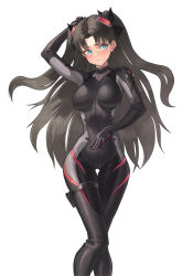  absurdres arm_up averting_eyes black_bodysuit black_hair blue_eyes blush bodysuit breasts cowboy_shot facing_viewer fate/stay_night fate_(series) female highres holster ksksksa light_frown long_hair medium_breasts raised_eyebrows simple_background solo thigh_gap thigh_holster tohsaka_rin two_side_up very_long_hair white_background 