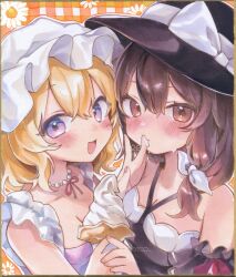  2girls :d black_dress black_hat blonde_hair blush bow breasts brown_eyes brown_hair cleavage collarbone commentary dress food food_on_hand hairbow hat hat_bow highres holding holding_food holding_ice_cream ice_cream jewelry looking_at_viewer maribel_hearn marker_(medium) medium_hair moni_monico multiple_girls necklace open_mouth purple_dress sleeveless sleeveless_dress small_breasts smile sweat symbol-only_commentary touhou traditional_media upper_body usami_renko white_bow white_hat 