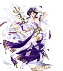  black_hair breasts bridal_veil candle candlestand cleavage damaged dress female fire_emblem fire_emblem:_genealogy_of_the_holy_war fire_emblem_heroes high_heels highres holding holding_candle larcei_(bride)_(fire_emblem) larcei_(fire_emblem) long_hair medium_breasts non-web_source official_alternate_costume official_art one_eye_closed open_mouth pelvic_curtain purple_dress purple_eyes short_hair short_hair_with_long_locks solo thighhighs torn_clothes torn_dress two-sided_dress two-sided_fabric veil very_long_hair white_dress 