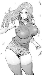  1girls big_breasts bleach bleach:_the_thousand-year_blood_war breasts busty curvy daraz18aka female female_only fully_clothed greyscale inoue_orihime long_hair short_shorts solo thick_thighs thighhighs voluptuous 