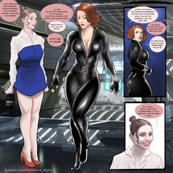  2girls athletic athletic_female avengers black_widow_(marvel) blue_eyes blue_skirt breasts clothing colored comic comic_page curvy curvy_figure english_text female female_only fully_clothed high_heels hourglass_figure human human_only imminent_sex inside legs light-skinned_female light_skin lipstick marvel marvel_comics metrinomealpha natasha_romanoff office_lady original_character red_hair s.h.i.e.l.d. scarlett_johansson skin_tight smile smiling sophia_(metrinomealpha) speech_bubble standing superheroine tagme talking text thick thighs unzipped_bodysuit voluptuous voluptuous_female wide_hips zipper 